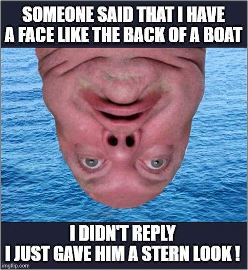 Bad Pun Warning ! | SOMEONE SAID THAT I HAVE A FACE LIKE THE BACK OF A BOAT; I DIDN'T REPLY
I JUST GAVE HIM A STERN LOOK ! | image tagged in bad pun,boat,face | made w/ Imgflip meme maker
