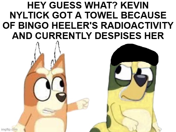 https://www.youtube.com/watch?v=R-YgJwoU23c and no one knew this | HEY GUESS WHAT? KEVIN NYLTICK GOT A TOWEL BECAUSE OF BINGO HEELER'S RADIOACTIVITY AND CURRENTLY DESPISES HER | made w/ Imgflip meme maker