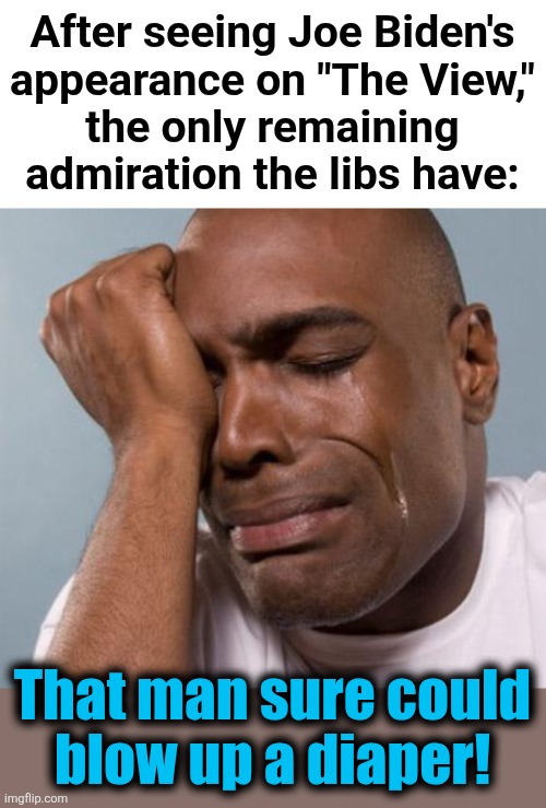 After seeing Joe Biden's
appearance on "The View,"
the only remaining
admiration the libs have:; That man sure could
blow up a diaper! | image tagged in black man crying,memes,joe biden,the view,senile creep,diapers | made w/ Imgflip meme maker