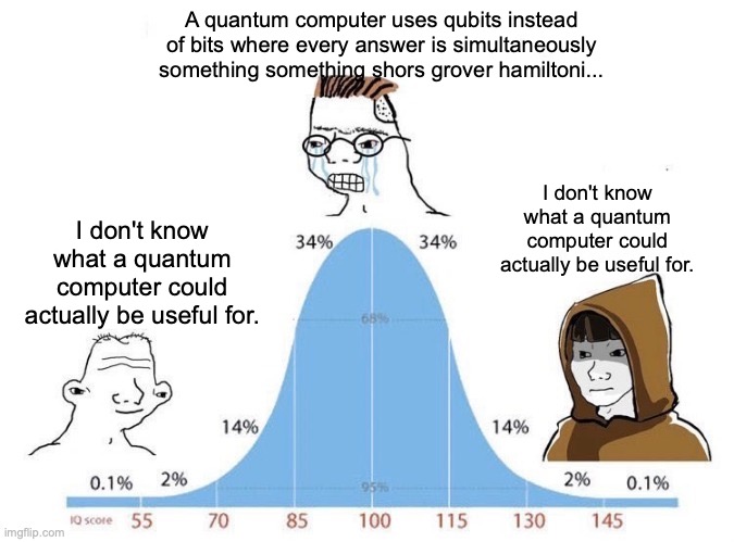 Bell Curve | A quantum computer uses qubits instead of bits where every answer is simultaneously something something shors grover hamiltoni... I don't know what a quantum computer could actually be useful for. I don't know what a quantum computer could actually be useful for. | image tagged in bell curve | made w/ Imgflip meme maker