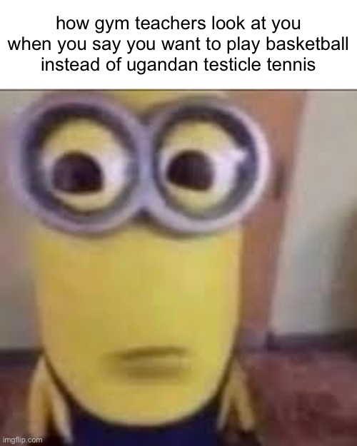 real | how gym teachers look at you when you say you want to play basketball instead of ugandan testicle tennis | image tagged in stare minion | made w/ Imgflip meme maker