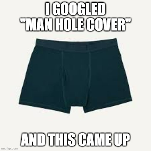I googled "Man Hole Cover" and this popped up.  - funny - | I GOOGLED "MAN HOLE COVER"; AND THIS CAME UP | image tagged in funny,fun,underwear,play on words,humor,bathroom humor | made w/ Imgflip meme maker