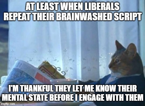 Cat newspaper | AT LEAST WHEN LIBERALS REPEAT THEIR BRAINWASHED SCRIPT I'M THANKFUL THEY LET ME KNOW THEIR MENTAL STATE BEFORE I ENGAGE WITH THEM | image tagged in cat newspaper | made w/ Imgflip meme maker