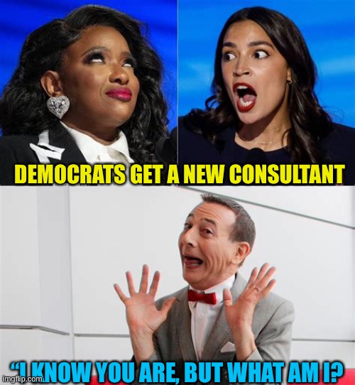 New face of Democrats | DEMOCRATS GET A NEW CONSULTANT; “I KNOW YOU ARE, BUT WHAT AM I? | image tagged in jasmine and aoc,democrats,government corruption,democratic socialism,illegal immigration | made w/ Imgflip meme maker