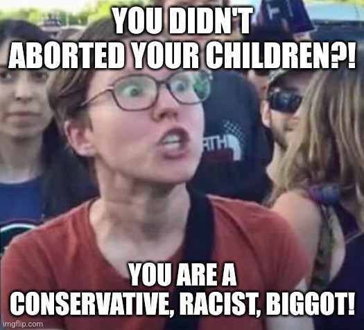 Angry Liberal | YOU DIDN'T ABORTED YOUR CHILDREN?! YOU ARE A CONSERVATIVE, RACIST, BIGGOT! | image tagged in angry liberal | made w/ Imgflip meme maker