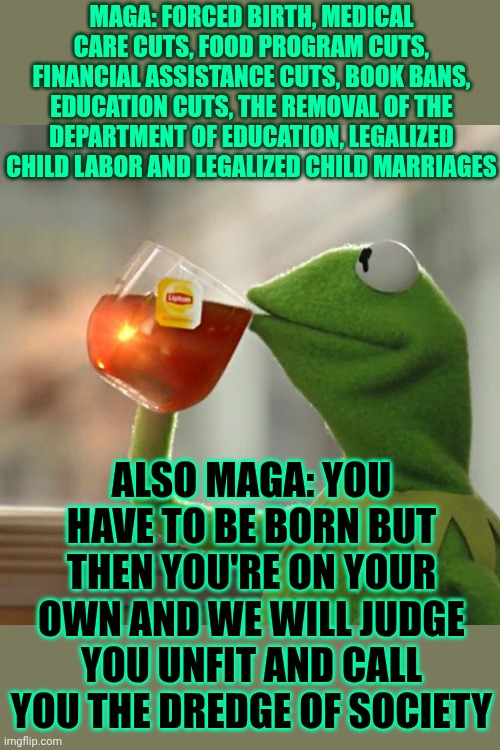 Thank You But NO Thank You | MAGA: FORCED BIRTH, MEDICAL CARE CUTS, FOOD PROGRAM CUTS, FINANCIAL ASSISTANCE CUTS, BOOK BANS, EDUCATION CUTS, THE REMOVAL OF THE DEPARTMENT OF EDUCATION, LEGALIZED CHILD LABOR AND LEGALIZED CHILD MARRIAGES; ALSO MAGA: YOU HAVE TO BE BORN BUT THEN YOU'RE ON YOUR OWN AND WE WILL JUDGE YOU UNFIT AND CALL YOU THE DREDGE OF SOCIETY | image tagged in memes,thank you but no,maga,sick and twisted,mental illness,that's the evilest thing i can imagine | made w/ Imgflip meme maker