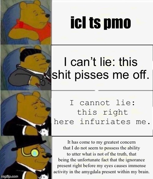 Tuxedo Winnie the Pooh 4 panel | icl ts pmo; I can’t lie: this shit pisses me off. I cannot lie: this right here infuriates me. It has come to my greatest concern that I do not seem to possess the ability to utter what is not of the truth, that being the unfortunate fact that the ignorance present right before my eyes causes immense activity in the amygdala present within my brain. | image tagged in tuxedo winnie the pooh 4 panel | made w/ Imgflip meme maker