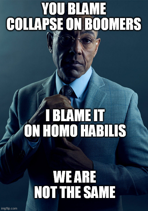 Gus Fring we are not the same | YOU BLAME COLLAPSE ON BOOMERS; I BLAME IT ON HOMO HABILIS; WE ARE NOT THE SAME | image tagged in gus fring we are not the same | made w/ Imgflip meme maker