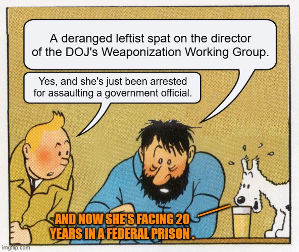 FA you deranged leftists and FO. | A deranged leftist spat on the director of the DOJ's Weaponization Working Group. Yes, and she's just been arrested for assaulting a government official. __; AND NOW SHE'S FACING 20 YEARS IN A FEDERAL PRISON . | image tagged in what a week huh | made w/ Imgflip meme maker