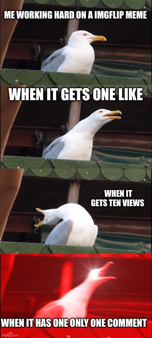 Inhaling Seagull | ME WORKING HARD ON A IMGFLIP MEME; WHEN IT GETS ONE LIKE; WHEN IT GETS TEN VIEWS; WHEN IT HAS ONE ONLY ONE COMMENT | image tagged in memes,inhaling seagull | made w/ Imgflip meme maker