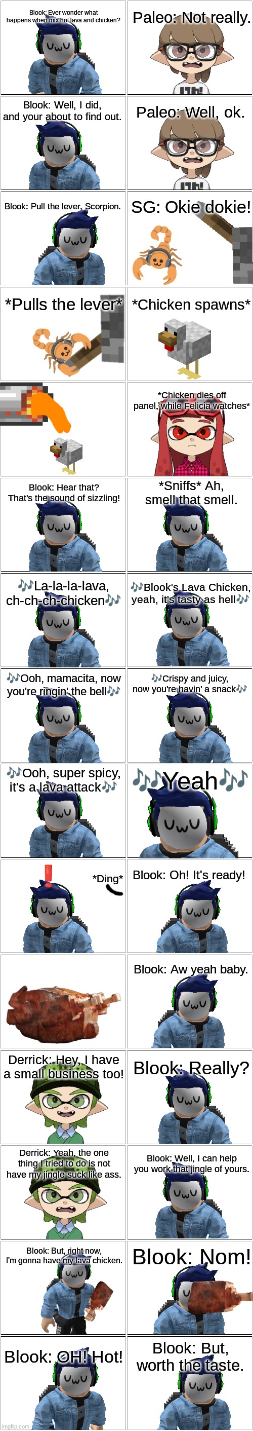 Blook's Lava Chicken.mp3 | image tagged in comic,blook,derrick,felicia,paleo | made w/ Imgflip meme maker