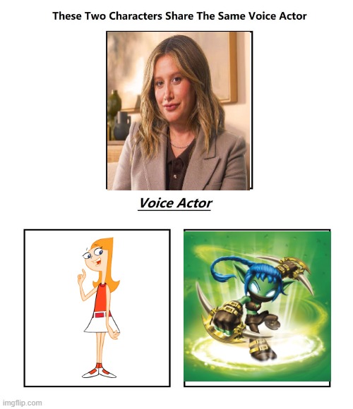 Ashley Tisdale | image tagged in same voice actor,ashley tisdale,skylanders,phineas and ferb,disney,activision | made w/ Imgflip meme maker