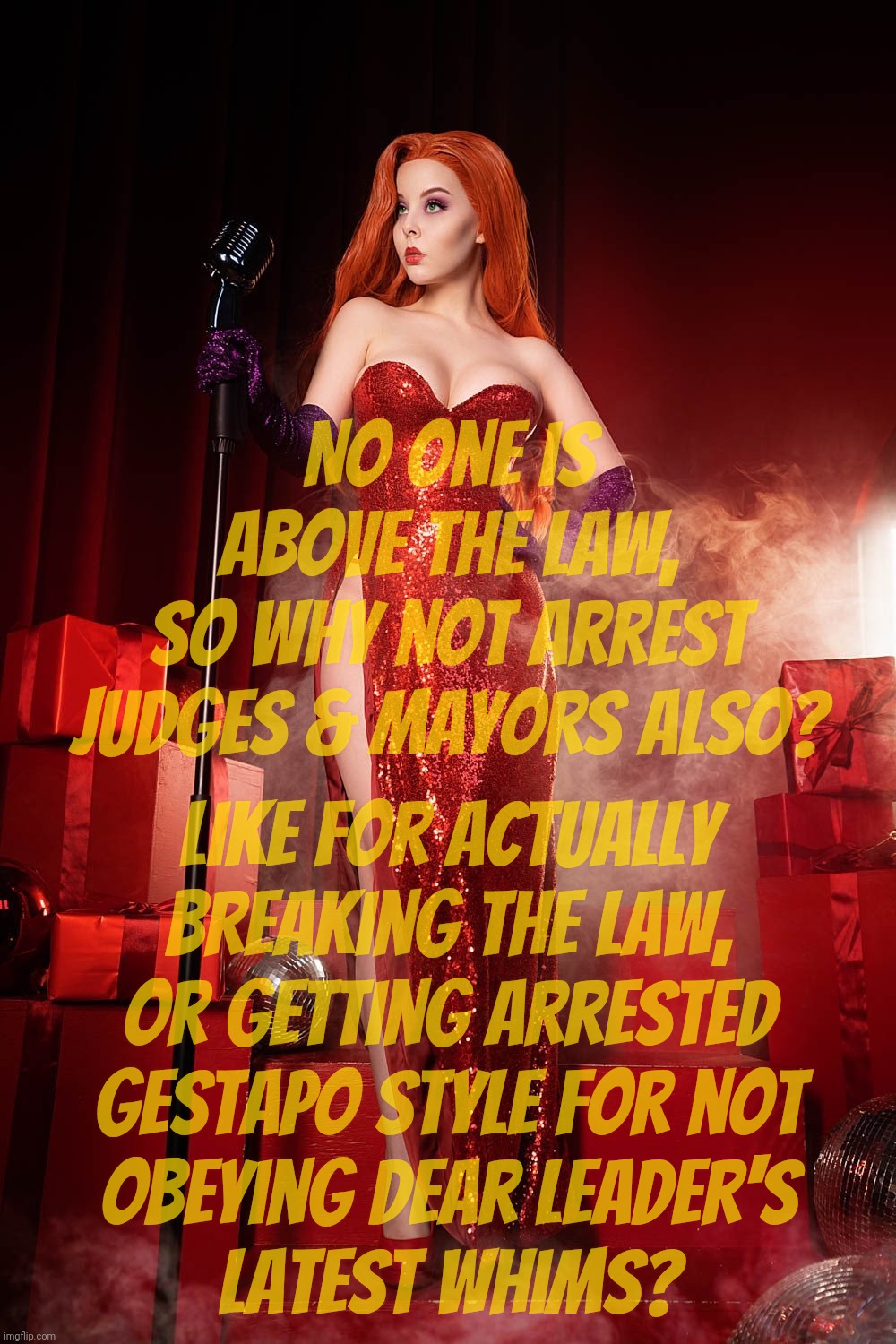 When MAGAtron Central is having the bots post memes about arresting judges and officials, you can bet something is going down,,, | No one is
above the law,
so why not arrest
judges & mayors also? Like for actually
breaking the law,
or getting arrested
Gestapo style for not
obeying dear leader's
latest whims? | image tagged in helly von valentine,habeas corpus,habeas corpus corpse,arresting the opposition,political prisoners,and so it begins | made w/ Imgflip meme maker
