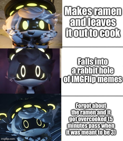 N's fright level | Makes ramen and leaves it out to cook; Falls into a rabbit hole of IMGFlip memes; Forgot about the ramen and it got overcooked (5 minutes pass when it was meant to be 3) | image tagged in n's fright level | made w/ Imgflip meme maker