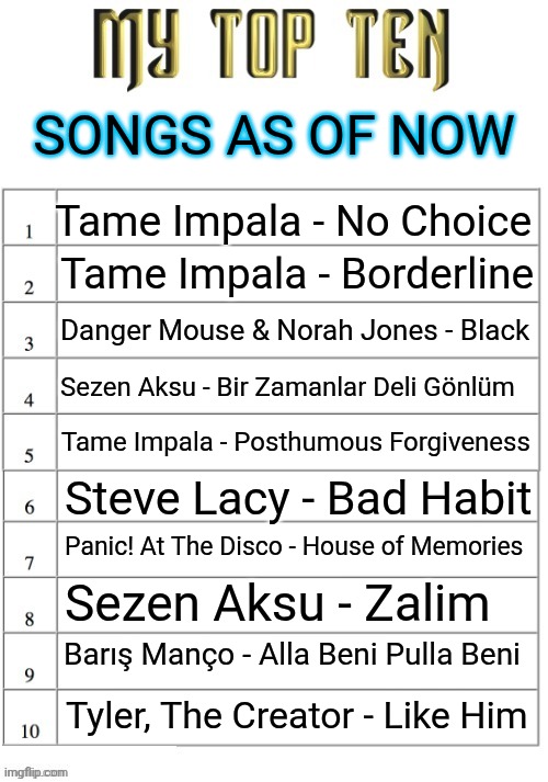 if you even care (3 of them are Turkish songs) | SONGS AS OF NOW; Tame Impala - No Choice; Tame Impala - Borderline; Danger Mouse & Norah Jones - Black; Sezen Aksu - Bir Zamanlar Deli Gönlüm; Tame Impala - Posthumous Forgiveness; Steve Lacy - Bad Habit; Panic! At The Disco - House of Memories; Sezen Aksu - Zalim; Barış Manço - Alla Beni Pulla Beni; Tyler, The Creator - Like Him | image tagged in top ten list better | made w/ Imgflip meme maker