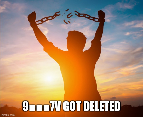 Man breaking free from chains over the sunset | 9■■■7V GOT DELETED | image tagged in man breaking free from chains over the sunset | made w/ Imgflip meme maker