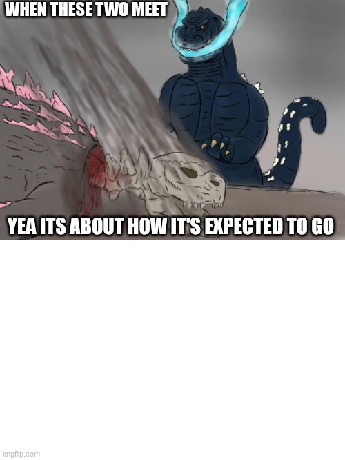how this meeting occurs | WHEN THESE TWO MEET; YEA ITS ABOUT HOW IT'S EXPECTED TO GO | image tagged in godzilla | made w/ Imgflip meme maker