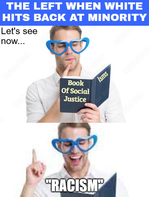 Not a thought of their own. No need to know before judging | THE LEFT WHEN WHITE HITS BACK AT MINORITY; "RACISM" | image tagged in book of social justice,woke,identity politics,american politics | made w/ Imgflip meme maker