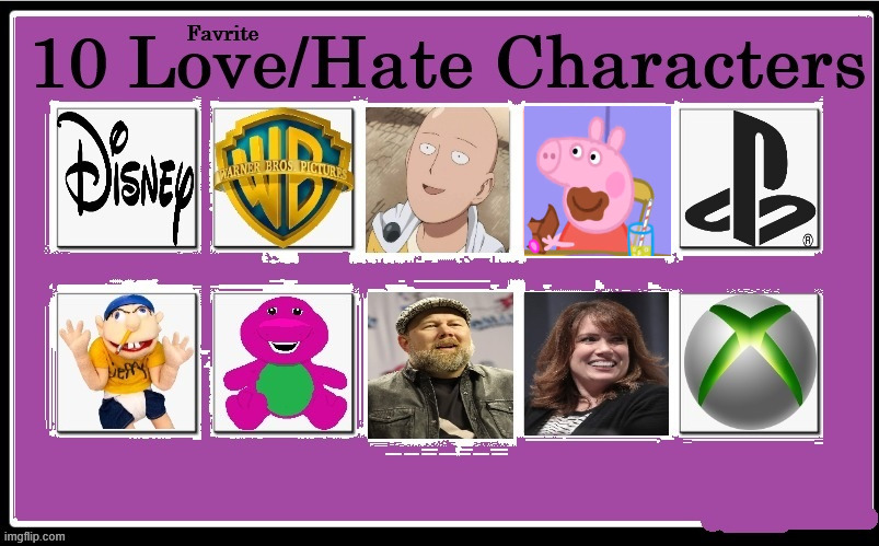 10 love/hate characters | image tagged in 10 love/hate characters,for the love of god,all my homies hate,media,peppa pig,anime | made w/ Imgflip meme maker