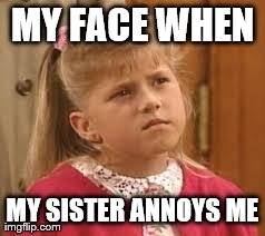 MY FACE WHEN MY SISTER ANNOYS ME | image tagged in sibling face | made w/ Imgflip meme maker