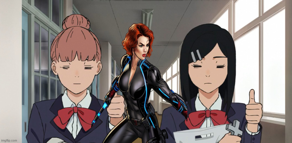 black widow in dandadan | image tagged in double thumbs up,dandadan,black widow,marvel comics,crossover memes | made w/ Imgflip meme maker