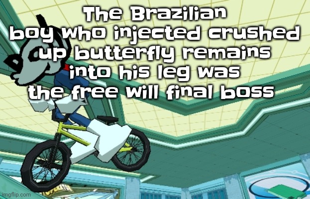 Cyberfunk | The Brazilian boy who injected crushed up butterfly remains into his leg was the free will final boss | image tagged in cyberfunk | made w/ Imgflip meme maker