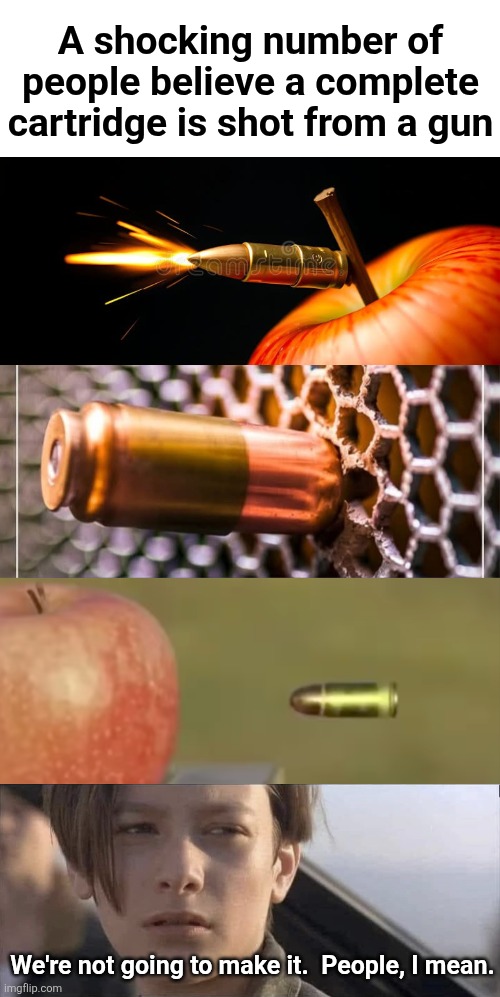 We're not going to make it | A shocking number of people believe a complete cartridge is shot from a gun; We're not going to make it.  People, I mean. | image tagged in not sure we're gonna make it people i mean,bullet,cartridge,guns,memes | made w/ Imgflip meme maker