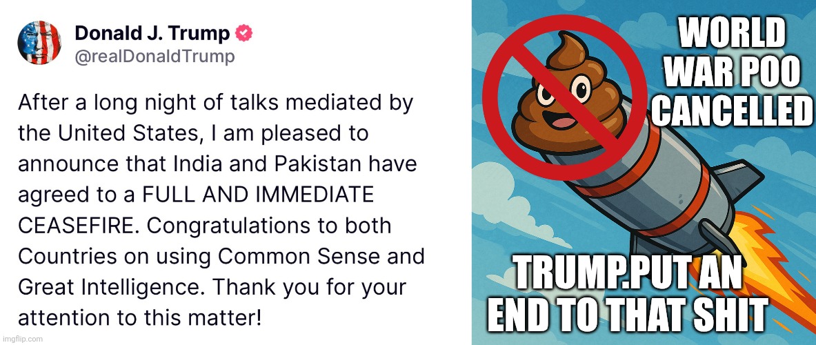 That crap is over | WORLD WAR POO CANCELLED; TRUMP.PUT AN END TO THAT SHIT | image tagged in world war poo | made w/ Imgflip meme maker