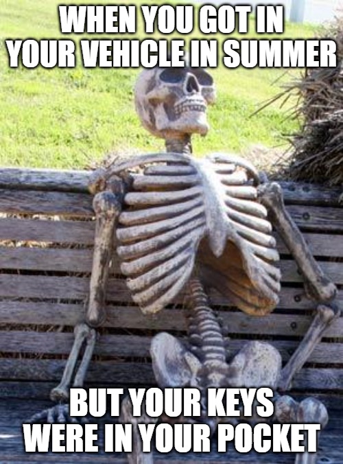 Waiting Skeleton | WHEN YOU GOT IN YOUR VEHICLE IN SUMMER; BUT YOUR KEYS WERE IN YOUR POCKET | image tagged in memes,waiting skeleton | made w/ Imgflip meme maker
