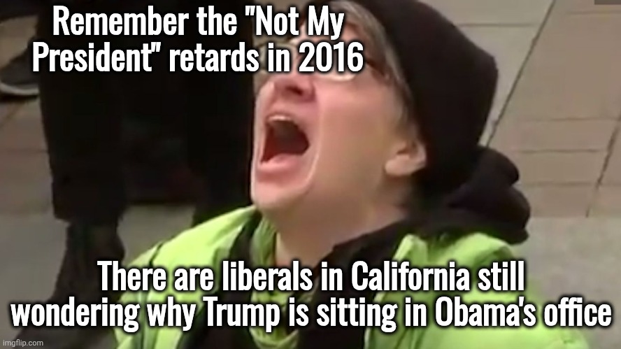 Screaming Liberal  | Remember the "Not My President" retards in 2016 There are liberals in California still wondering why Trump is sitting in Obama's office | image tagged in screaming liberal | made w/ Imgflip meme maker
