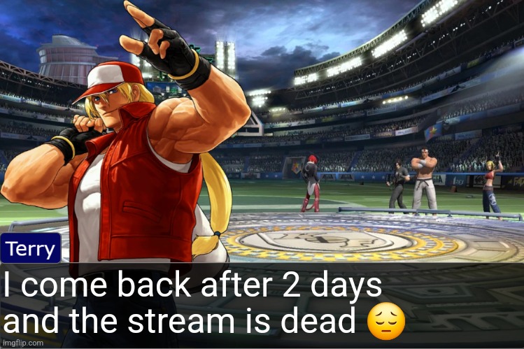 Terry Bogard objection temp | I come back after 2 days and the stream is dead 😔 | image tagged in terry bogard objection temp | made w/ Imgflip meme maker