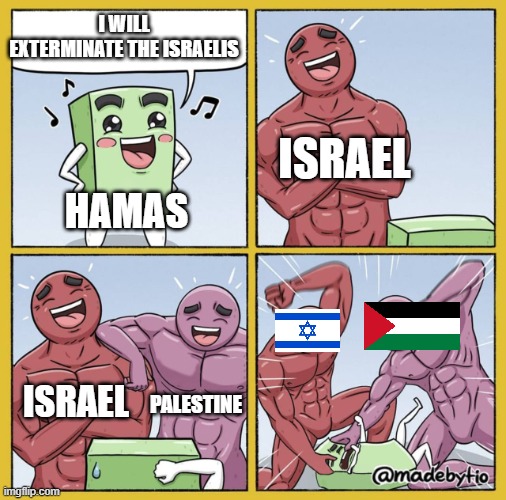 Palestine and Hamas are 2 different things. Associating Palestine with Hamas is like associating Christianity with the KKK. | I WILL EXTERMINATE THE ISRAELIS; ISRAEL; HAMAS; ISRAEL; PALESTINE | image tagged in guy getting beat up | made w/ Imgflip meme maker