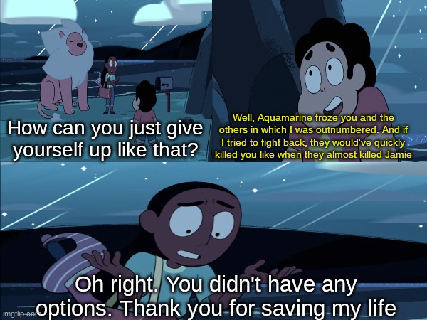 Steven Universe alternate timeline | Well, Aquamarine froze you and the others in which I was outnumbered. And if I tried to fight back, they would've quickly killed you like when they almost killed Jamie; How can you just give yourself up like that? Oh right. You didn't have any options. Thank you for saving my life | image tagged in memes,funny,cartoon,steven universe | made w/ Imgflip meme maker