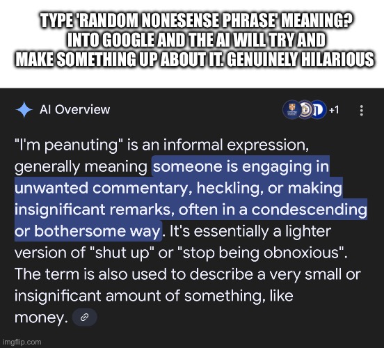 it's been quite entertaining | TYPE 'RANDOM NONESENSE PHRASE' MEANING? INTO GOOGLE AND THE AI WILL TRY AND MAKE SOMETHING UP ABOUT IT. GENUINELY HILARIOUS | image tagged in blank white template | made w/ Imgflip meme maker