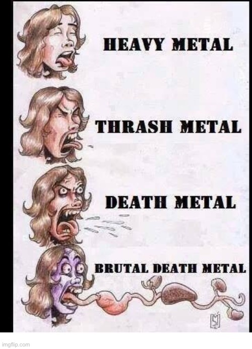 Metal vocal style differences… | image tagged in heavy metal,thrash metal,death metal,brutal death metal,screaming | made w/ Imgflip meme maker