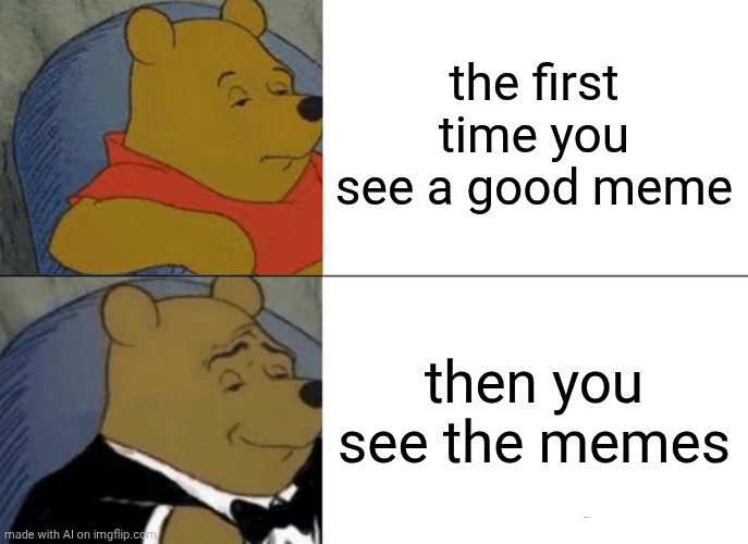 Tuxedo Winnie The Pooh Meme | the first time you see a good meme; then you see the memes | image tagged in memes,tuxedo winnie the pooh | made w/ Imgflip meme maker