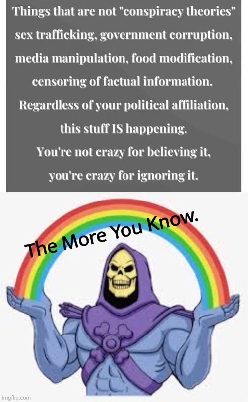 The more you know, Skeletor | The More You Know. | image tagged in skeletor rainbow,scandal | made w/ Imgflip meme maker