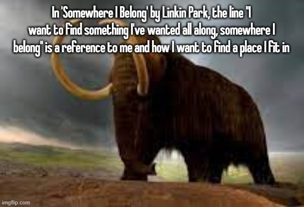 WiseMysticalMammoth 2: Electric Boogaloo | In 'Somewhere I Belong' by Linkin Park, the line "I want to find something I've wanted all along, somewhere I belong" is a reference to me and how I want to find a place I fit in | image tagged in wisemysticalmammoth 2 electric boogaloo | made w/ Imgflip meme maker