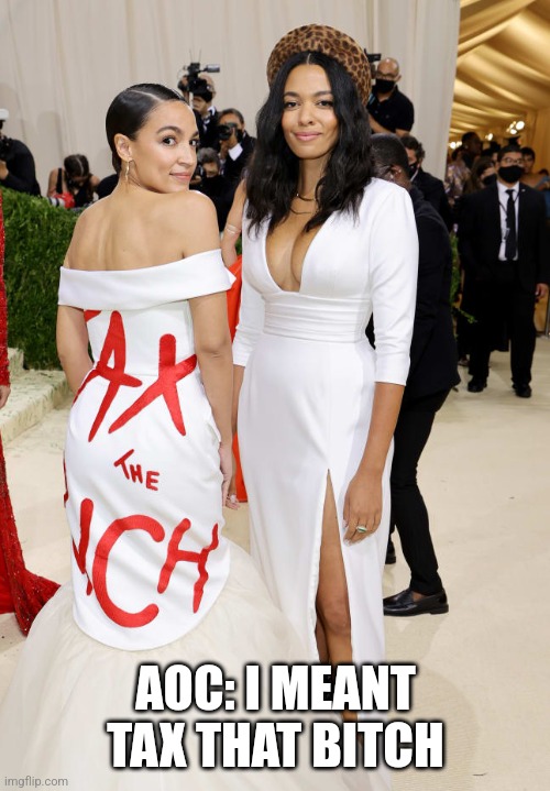 Alexandria Ocasio-Cortez AOC  Met Gala | AOC: I MEANT TAX THAT BITCH | image tagged in alexandria ocasio-cortez aoc met gala | made w/ Imgflip meme maker