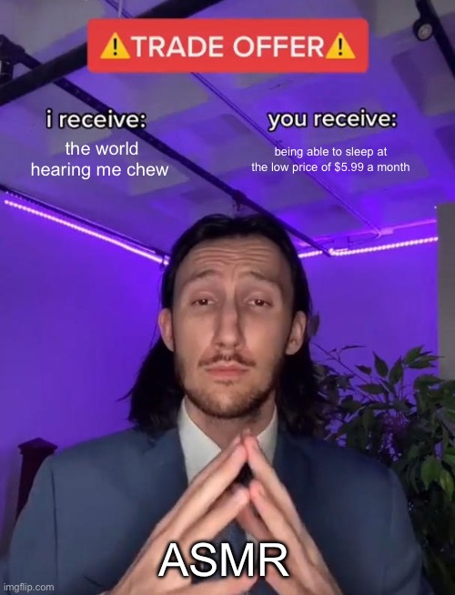 Trade Offer | the world hearing me chew; being able to sleep at the low price of $5.99 a month; ASMR | image tagged in trade offer | made w/ Imgflip meme maker
