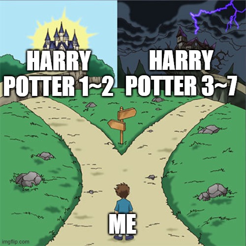 Harry Potter and the | HARRY POTTER 3~7; HARRY POTTER 1~2; ME | image tagged in two paths | made w/ Imgflip meme maker