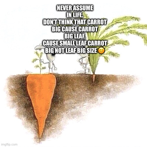 Big Carrot Small Carrot | NEVER ASSUME IN LIFE.
DON’T THINK THAT CARROT BIG CAUSE CARROT BIG LEAF.
CAUSE SMALL LEAF CARROT BIG NOT LEAF BIG SIZE 😊 | image tagged in big carrot small carrot | made w/ Imgflip meme maker