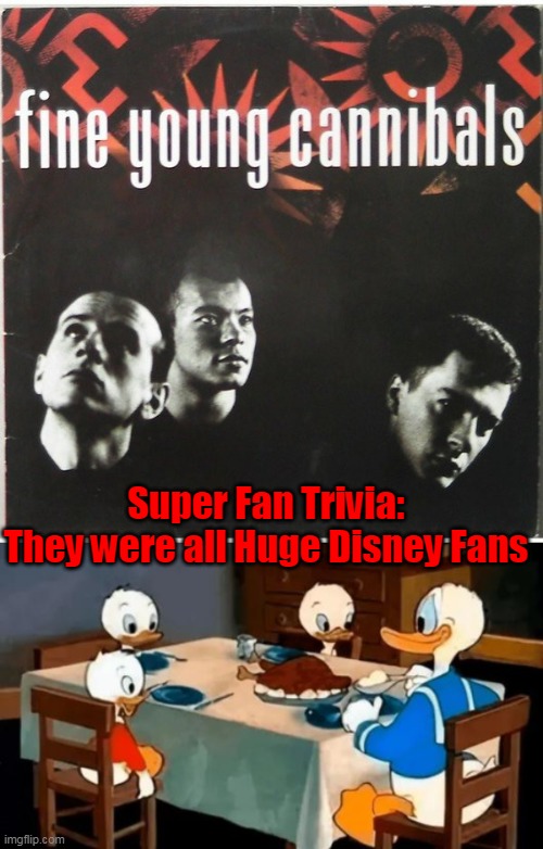 Reffered to the Homeless as "Free Range" | Super Fan Trivia:
They were all Huge Disney Fans | image tagged in fine young cannibals meme | made w/ Imgflip meme maker