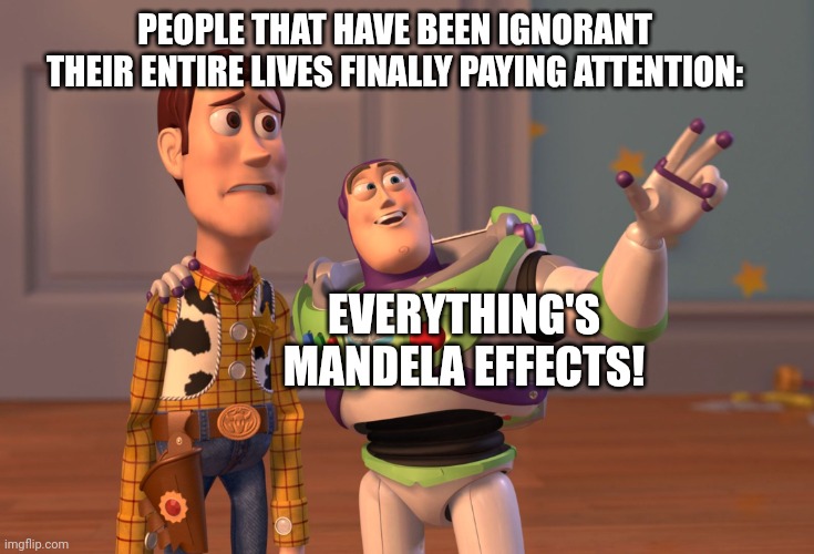 X, X Everywhere Meme | PEOPLE THAT HAVE BEEN IGNORANT THEIR ENTIRE LIVES FINALLY PAYING ATTENTION:; EVERYTHING'S MANDELA EFFECTS! | image tagged in memes,x x everywhere | made w/ Imgflip meme maker