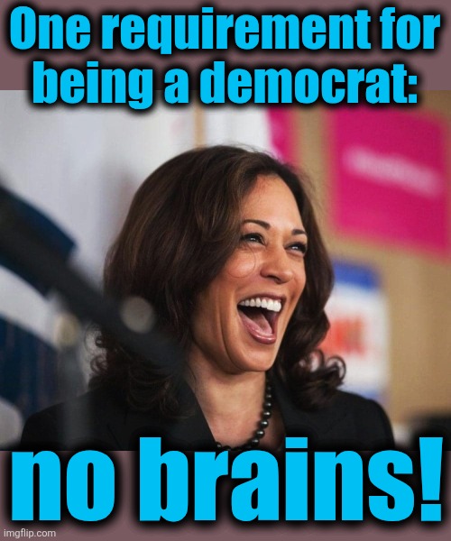 cackling kamala harris | One requirement for
being a democrat: no brains! | image tagged in cackling kamala harris | made w/ Imgflip meme maker