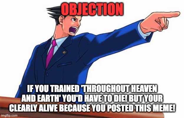 OBJECTION IF YOU TRAINED 'THROUGHOUT HEAVEN AND EARTH' YOU'D HAVE TO DIE! BUT YOUR CLEARLY ALIVE BECAUSE YOU POSTED THIS MEME! | image tagged in phoenix wright | made w/ Imgflip meme maker