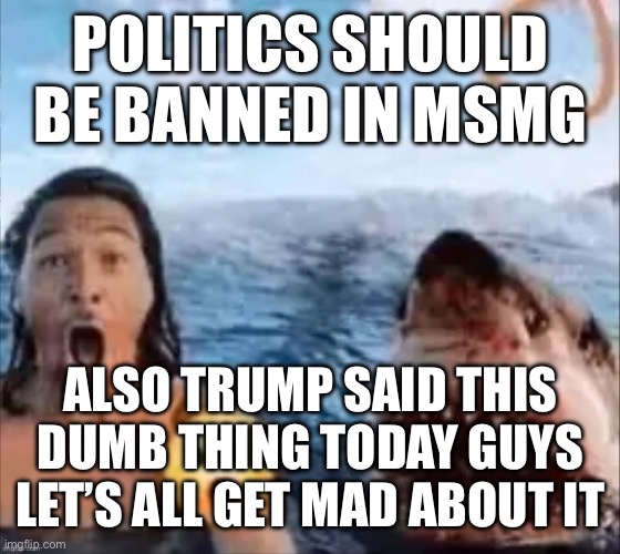 No user in particular | POLITICS SHOULD BE BANNED IN MSMG; ALSO TRUMP SAID THIS DUMB THING TODAY GUYS LET’S ALL GET MAD ABOUT IT | image tagged in shark | made w/ Imgflip meme maker