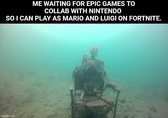Please make this acutally happen | ME WAITING FOR EPIC GAMES TO COLLAB WITH NINTENDO 
SO I CAN PLAY AS MARIO AND LUIGI ON FORTNITE. | image tagged in skeleton underwater,nintendo,fortnite,epic games | made w/ Imgflip meme maker
