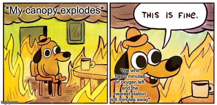 Bros cooked (Elite Dangerous) | *My canopy explodes*; *me who has 5 minutes of oxygen left and the nearest station is 6 minutes away* | image tagged in memes,this is fine | made w/ Imgflip meme maker