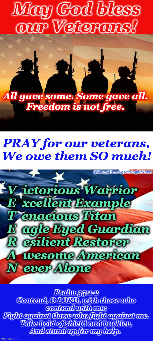 God Bless Our Veterans! | May God bless our Veterans! All gave some. Some gave all.
Freedom is not free. PRAY for our veterans. We owe them SO much! @SongofGrace @OneJoyfulNoise; V  ictorious Warrior
  E  xcellent Example
  T  enacious Titan
  E  agle Eyed Guardian
  R  esilient Restorer
  A  wesome American 
  N  ever Alone; Psalm 35:1-2
Contend, O LORD, with those who contend with me;
Fight against those who fight against me.
Take hold of shield and buckler,
And stand up for my help. | image tagged in god bless our veterans | made w/ Imgflip meme maker